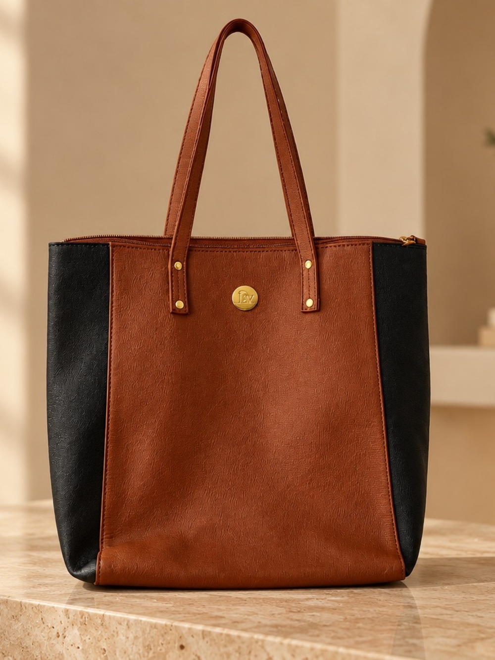 Two-Tone Brown and Black Leather Tote Bag with Gold Accent